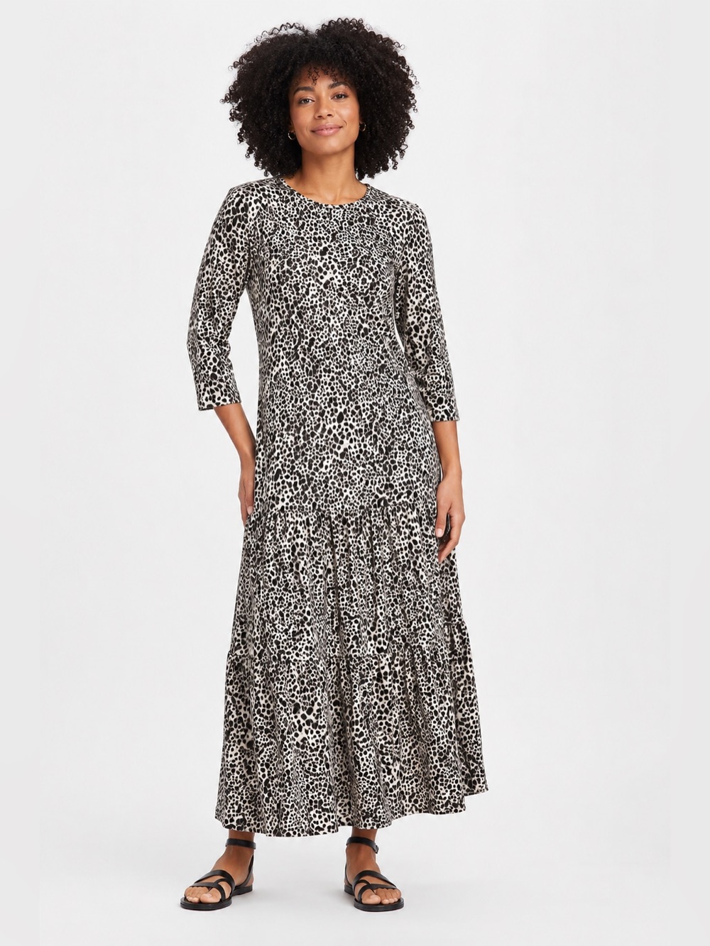 Leopard Print Maxi Dress Small Long Sleeve Tiered Flowy Boho Animal Print Black